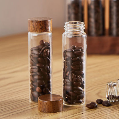 Coffee Beans Storage Container Coffee Tea Test Tube Glass Bottle with Walnut Display Rack Espresso Coffee Accessories