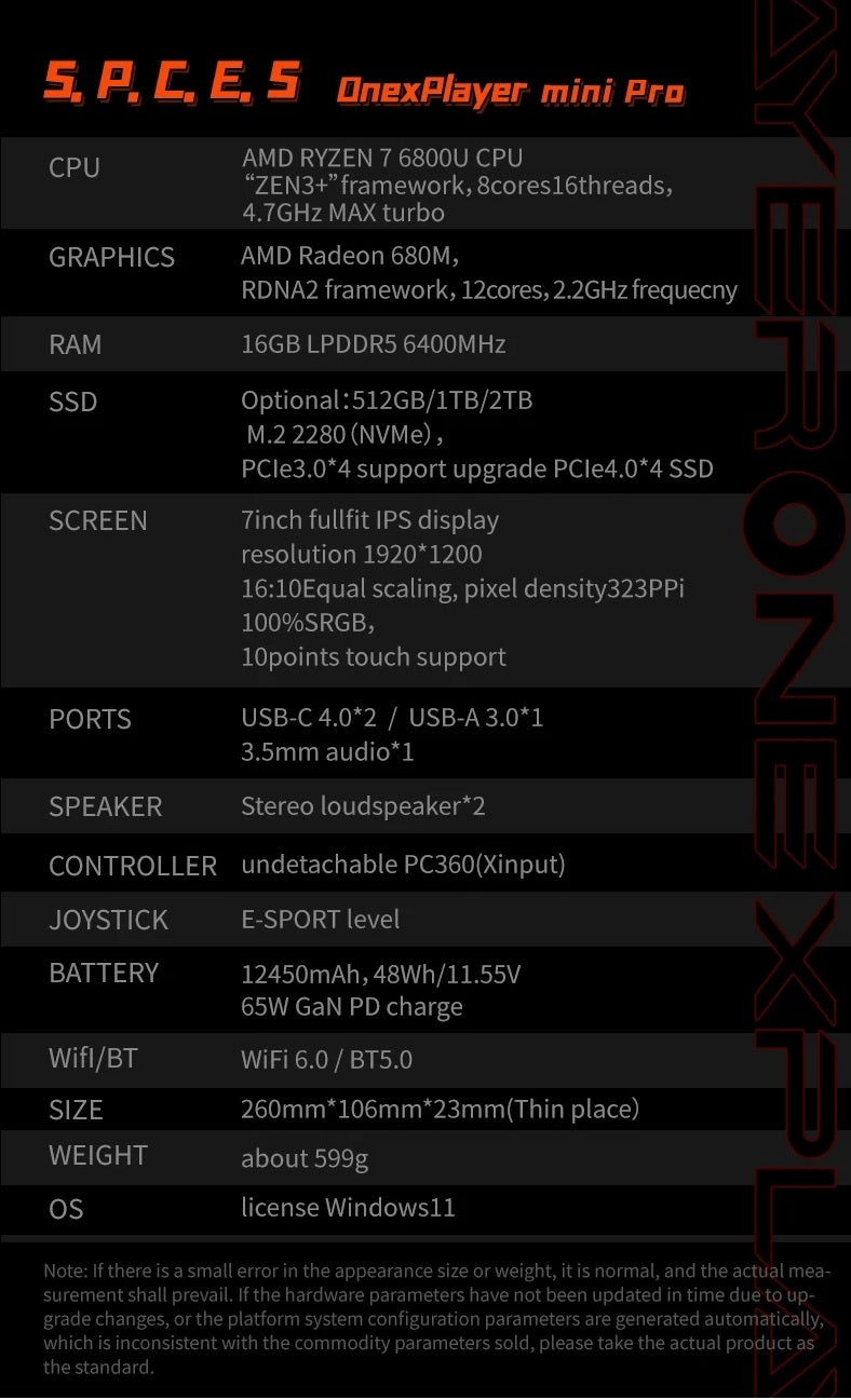 OneXPlayer mini pro 7 inch Handheld Console 6800U