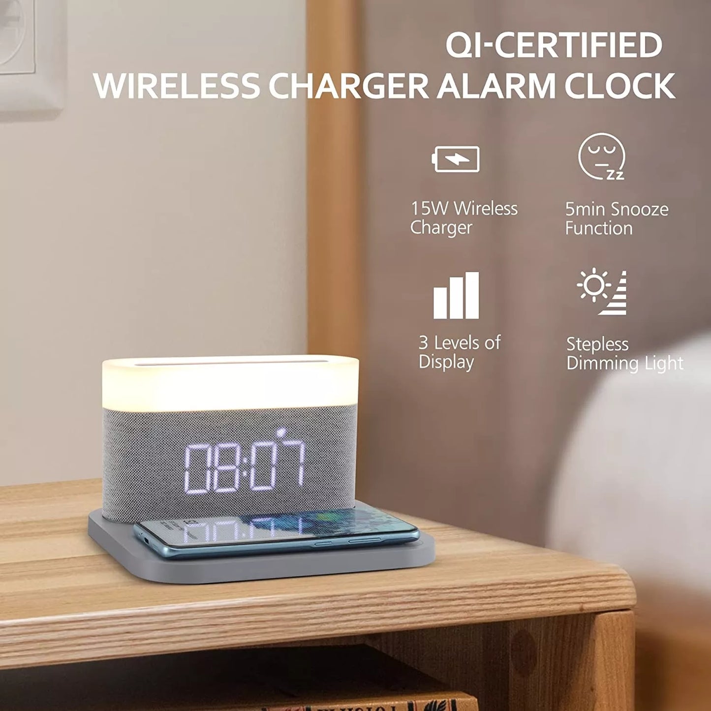 V2com Wireless Charging Digital Alarm Clock LED Night Light