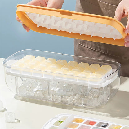 O9 O-Nine Ice Cube Tray with Lid and Bin, Comes with Scoop and Press Plate, 6-in-1 Ice Cube Maker (48 Ice Cubes), One Second Release All Ice Cubes, BPA Free