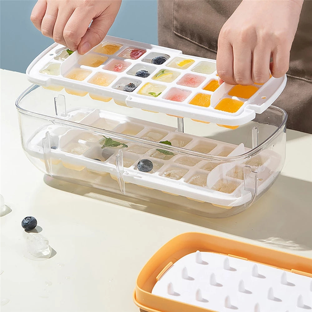 O9 O-Nine Ice Cube Tray with Lid and Bin, Comes with Scoop and Press Plate, 6-in-1 Ice Cube Maker (48 Ice Cubes), One Second Release All Ice Cubes, BPA Free