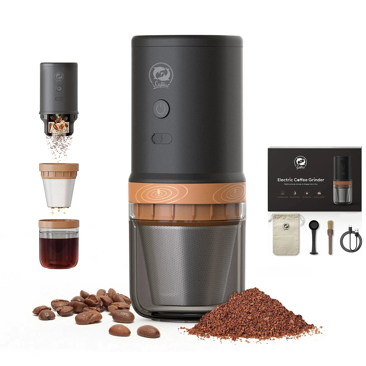 Icafilas Portable Electric Coffee Grinder USB Rechargeable Stainless Steel Grinding USB Charging